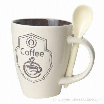 White Color Outside/Black Color Inside Ceramic Mug and Spoon Sets, Suitable for Tea/Coffee Drink